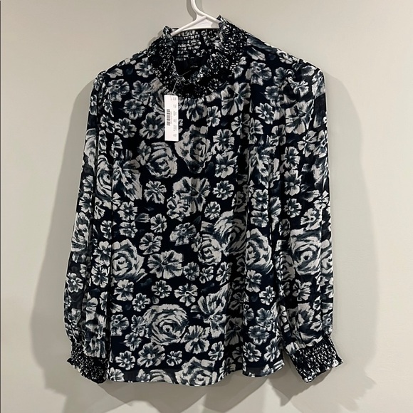 J. Crew Black and White Smocked Long Sleeve Blouse, Size XS (NWT) - Picture 1 of 3